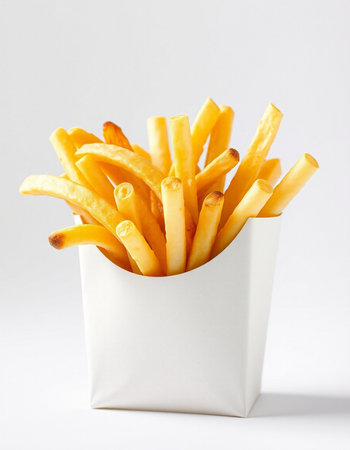 French fries in a paper box on a white background, close-up