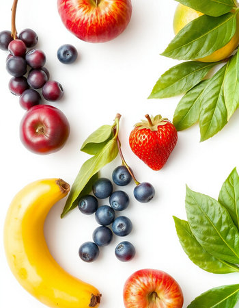 Fruits and berries isolated on white background. Flat lay, top viewの写真素材