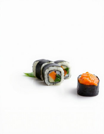 Sushi roll with salmon and cucumber isolated on white background.の写真素材
