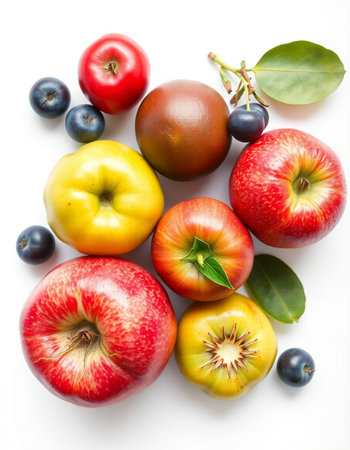 Colorful fruits and vegetables isolated on white background. Top view.の写真素材
