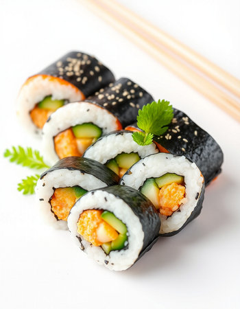 Sushi roll with salmon, avocado and cucumber on white backgroundの写真素材
