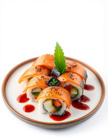 Sushi roll with salmon, cream cheese and cucumber on white backgroundの写真素材