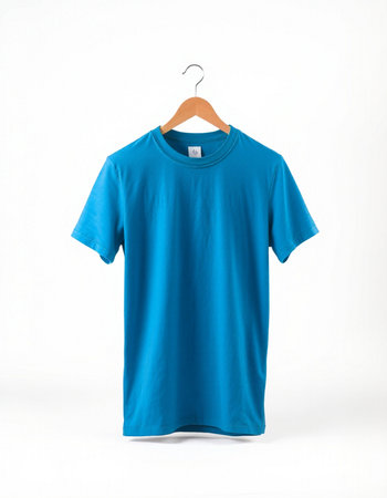 Blue t-shirt on a hanger isolated on a white backgroundの写真素材