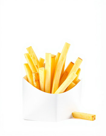French fries in a white box on a white background. Isolated