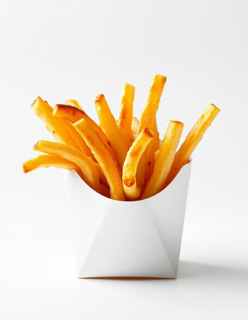 French fries in a white box on a white background, fast food