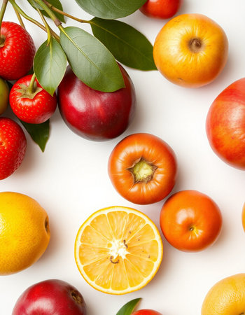 Different fresh fruits on white background, top view. Healthy food conceptの写真素材