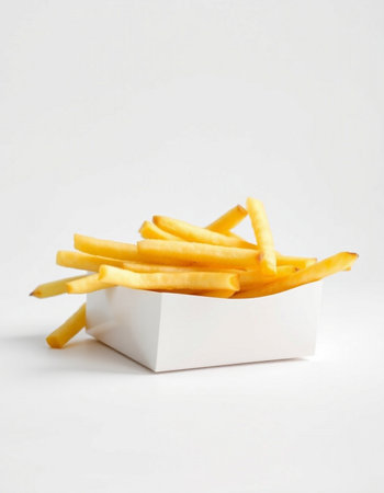 French fries in a white box on a white background. Fast food.の写真素材