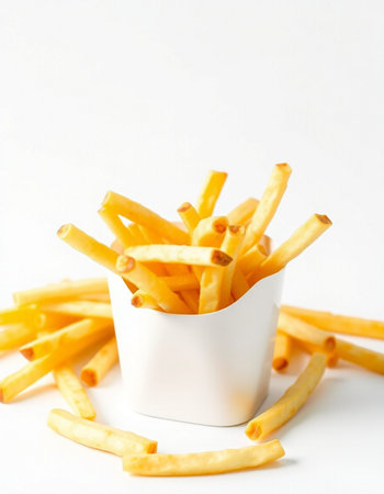 French fries in a white bowl on a white background. Selective focus.