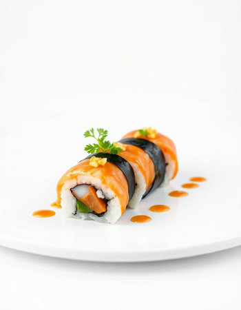 Sushi roll with salmon and cream cheese on a white plate.の写真素材