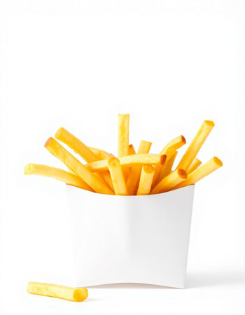 French fries in a white box on a white background. Isolated