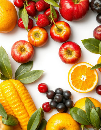 Fruits and vegetables isolated on a white background. Top view.