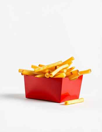 French fries in a red box on a white background. Fast food.の写真素材