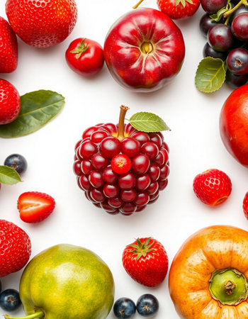 Fruits and berries isolated on white background. Flat lay, top viewの写真素材