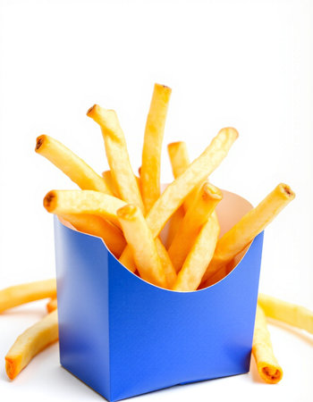 French fries in a blue box on a white background. Close up.の写真素材
