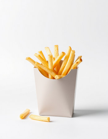 French fries in a paper box on a white background. Fast food.