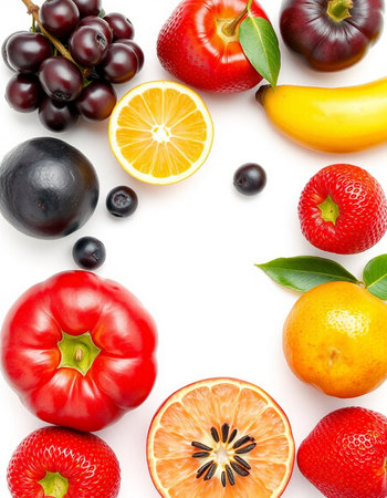 fresh fruits and vegetables isolated on white background with copy space for your text. Top view....