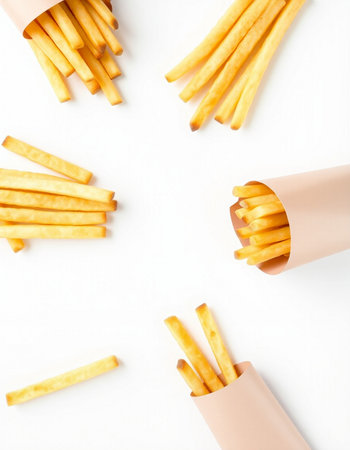French fries in paper cups on a white background, top view.の写真素材