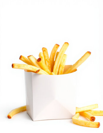 French fries in a white box on a white background. Isolated