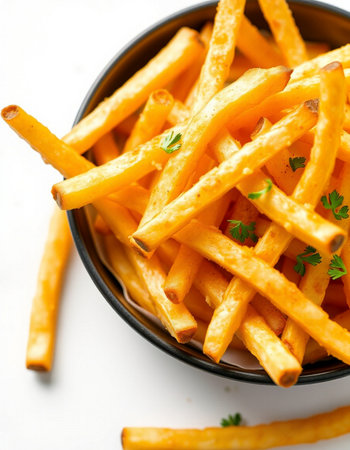 close up of rustic french fries in a bowl on white background
