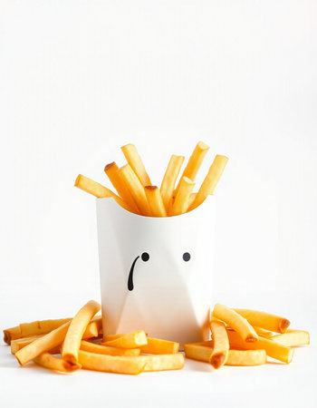 french fries in white paper cup with funny face on white backgroundの写真素材