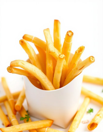 French fries in a white bowl on a white background, selective focusの写真素材