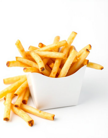 French fries in a paper box on a white background. Selective focus.