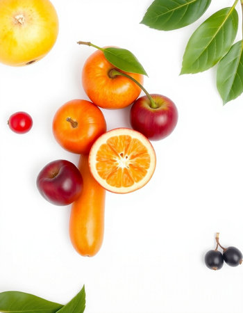 Fruits and vegetables isolated on white background. Top view. Flat lay.の写真素材