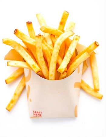 French fries in paper box on white background. Selective focus.