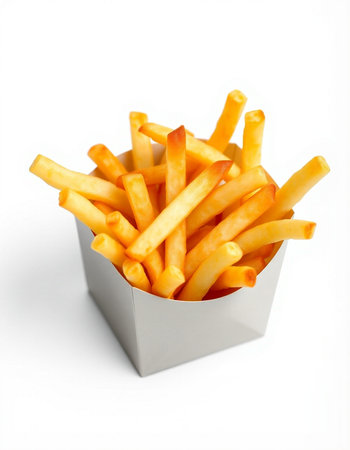 French fries in a box isolated on white background. Selective focus.