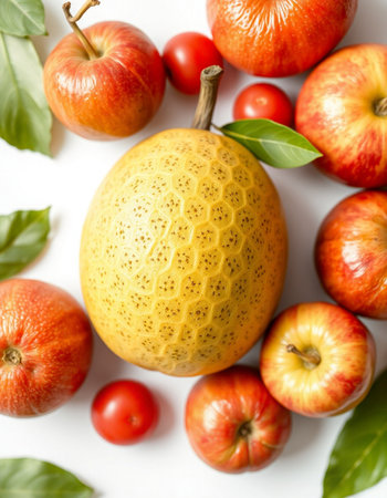 Composition with ripe fruits and vegetables on white background, top viewの写真素材