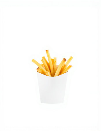 French fries in paper cup isolated on white background. Fast food.