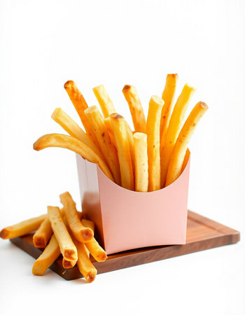 French fries in a box on a white background. Selective focus.