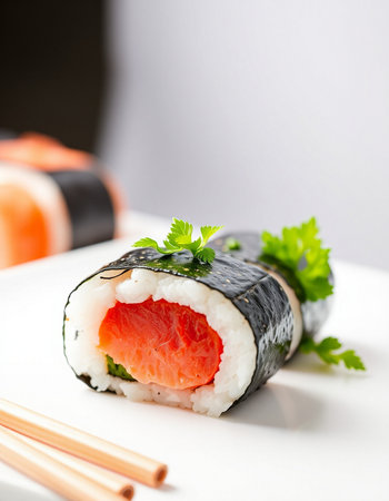 Sushi roll with salmon, nori, cucumber and parsleyの写真素材