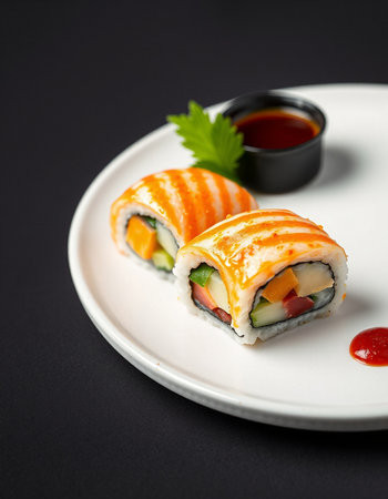 Sushi roll with salmon, avocado, cucumber, cream cheese and sauceの写真素材