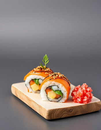 Sushi roll with salmon, avocado and cucumber on wooden boardの写真素材