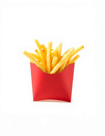 French fries in a red box on a white background. Isolated