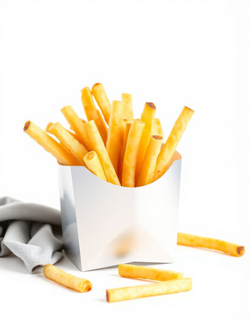 French fries in a white box on a white background. Selective focus.