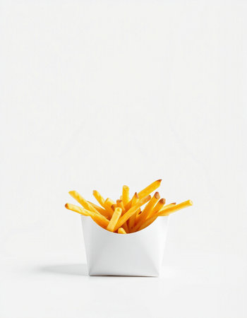 French fries in a white box on a white background, side view