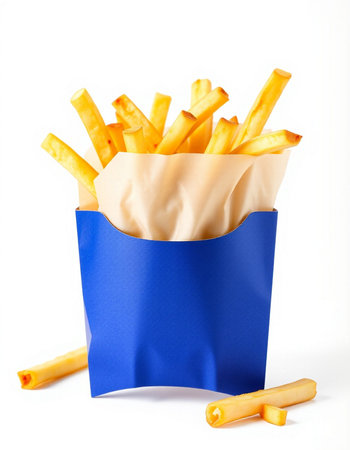 French fries in paper bag isolated on white background. Fast food.