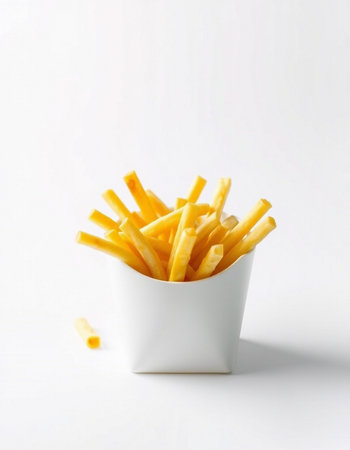 French fries in a white bowl on a white background. Selective focus.