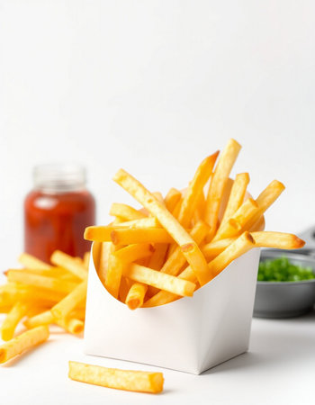 French fries in a paper box on a white background, selective focus