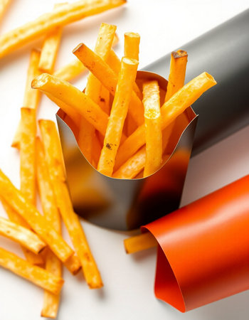 French fries on a white background. Shallow depth of field.