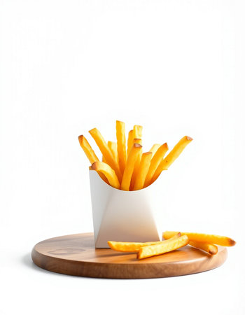French fries in a white box on a wooden board on a white background