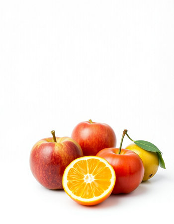 Fruits isolated on a white background. Orange, apple, lemonの写真素材