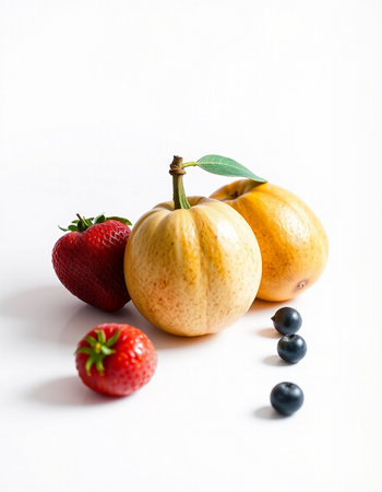 Strawberry, pear, blueberry and strawberry on white backgroundの写真素材