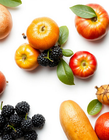 Fruits and vegetables isolated on a white background. Top view.の写真素材