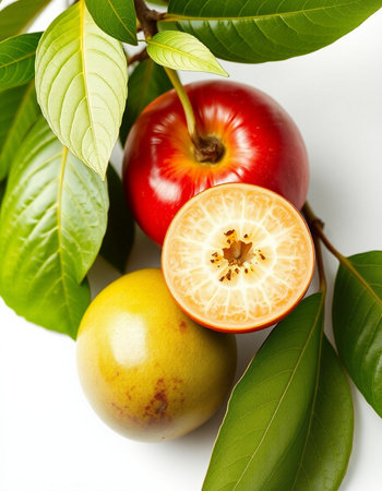 Fresh jujube fruits and green leaves on a white background.の写真素材