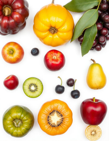 Fruits and vegetables isolated on a white background. Top view.