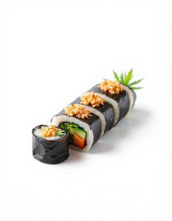 Sushi roll isolated on white background. Sushi roll with salmon, avocado, cucumber, cream cheese and nori inside.の写真素材