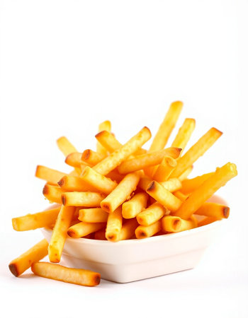 Pile of golden French fries on white background. Selective focus.